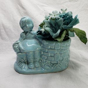 Vintage Blue Planter Girl at Well with Artificial Flowers 5 x 3 x 5 Inches